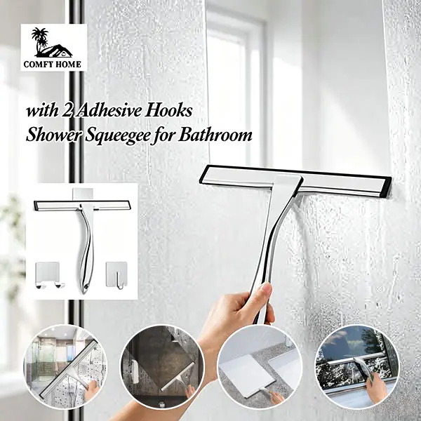 10-Inch Multipurpose Steel-Silicon Squeegee with Smooth Blade & Comfortable Design, 2 Adhesive Hooks, Multipurpose Cleaning Tool for Shower Glass Door, Bathroom Tile Wall, Garage Home Care