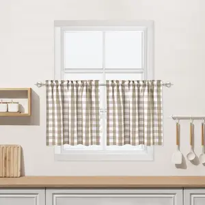 Beige Buffalo Plaid Cafe Curtains Farmhouse Tiers Kitchen Curtain 24 Inches Long, Flax Rustic Gingham Check Small Window Short Drapes for Kitchens Bathroom, 28" x 24", Beige, Set of 2