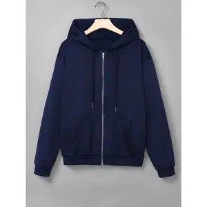 Women's Navy Blue Zip-Up Hoodie - Casual Long Sleeve with Drawstring & Pockets, Polyester Blend, Machine Washable - Perfect for Spring/Fall