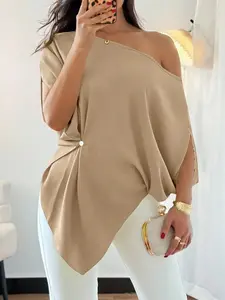 Women's Asymmetric-Hem Twist-Detail Top, Asymmetrical Neck Dolman-Sleeve Relaxed-Fit Casual Solid Woven Blouse Shirts, Ideal for Street Outings/Evening Gatherings