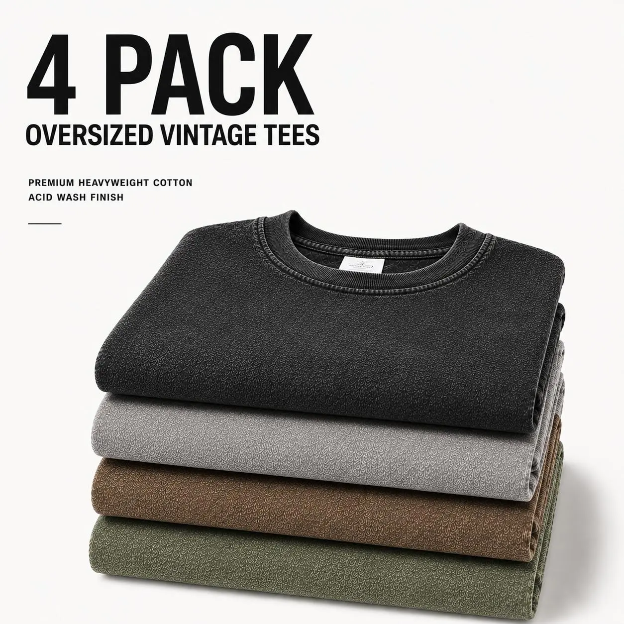 Menswear 4-Pack Unisex Oversized Round Neck Plain T-Shirt Tops, Vintage Heavyweight Cotton Acid Wash Baggy Gym Streetwear Tees, Tshirt Beige Casual, Loose-Fit, Short Sleeve Casual Comfy Streetwear Crewneck