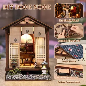 Japanese Style Mini House 3D Puzzle Bookend Model Kit, House Building Kit, Wooden House Kit Adults, Creative Handmade Toy House, Birthday & Christmas Gift, Requires Aaa Batteries