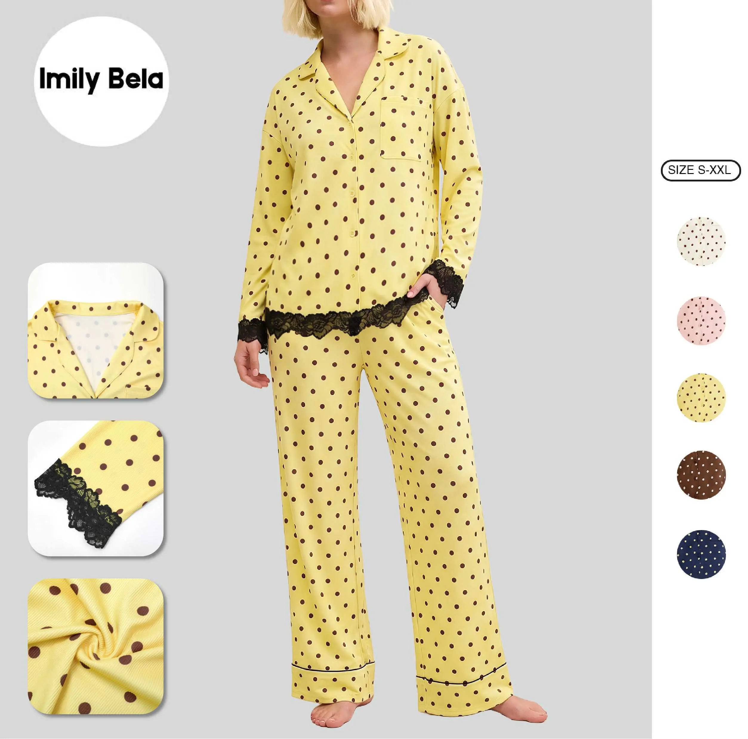 Women’s 2 Piece Polka Dot Pajama Set, Lace Trim Button Down Long Sleeve Sleepwear Top and Wide Leg Pants, Cute Soft Lounge Set Nightwear for Women