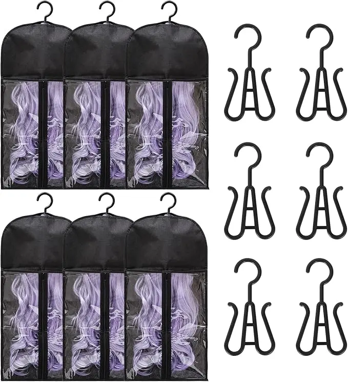 6pcs Black PVC Wig Storage Bags with Hangers - Sturdy, Waterproof Hair Extension Organizer with Transparent Front for Multiple Wigs & Accessories, summerwins