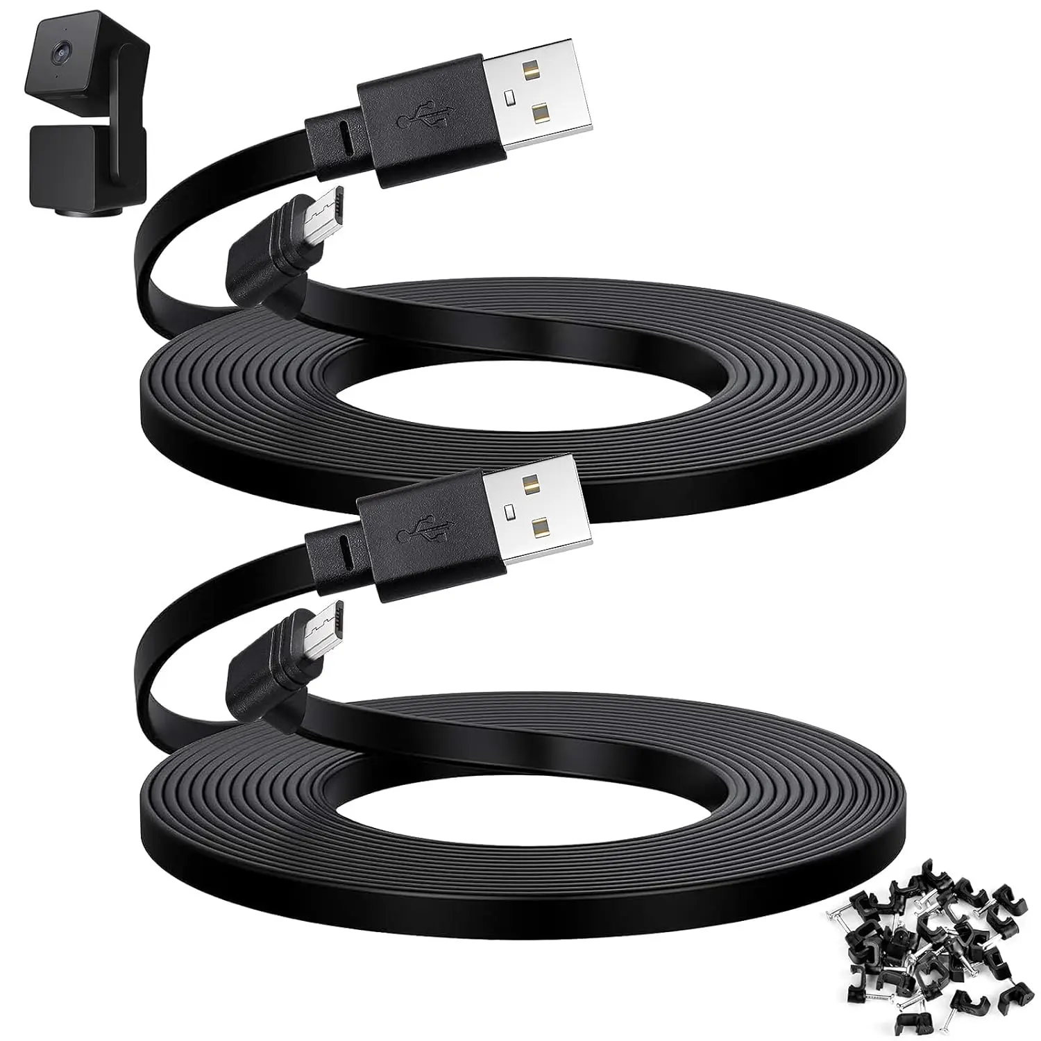 2-Pack 30 ft Cable for WYZE Cam Pan V3 Outdoor Camera, Micro USB 90 Degree Adapter, Flat Power Cord, Black - High Quality