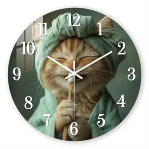 Acrylic Wall Clock, Fantasy Theme Cat Brushing Teeth Design, Silent Clock for Living Room & Bathroom, Fun Gift, Battery Operated, Wall Clock Decor