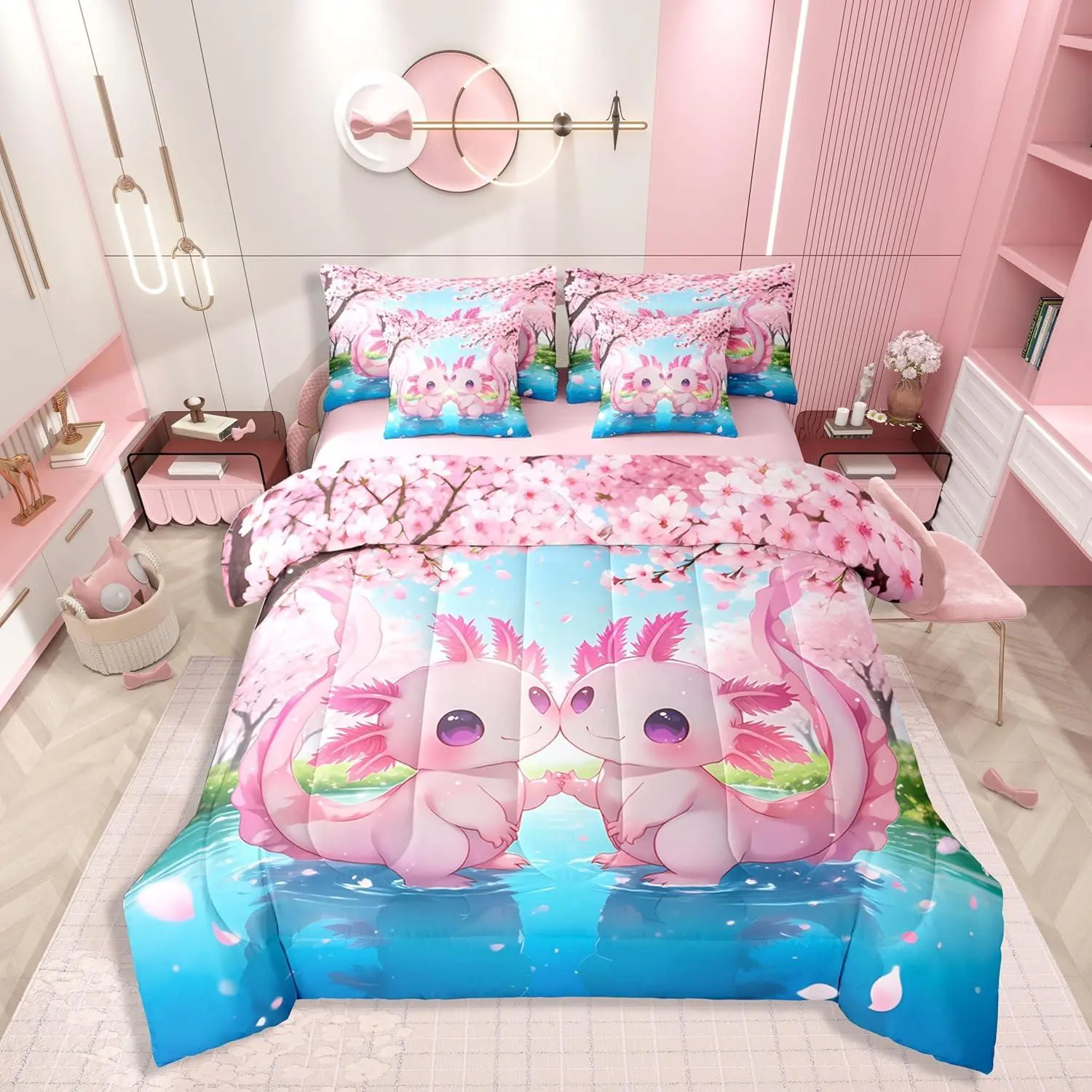 Feelyou 7-Piece Queen Size Ultra Soft Microfiber Axolotl Print Bedding Set - Kawaii Coastal Animal Design, Cherry Blossom Pink, Cozy Cartoon Blanket, Soft Pink Aesthetic, Cozy Bed Setup, Valentine's Day, Kids Girls Nursery Use