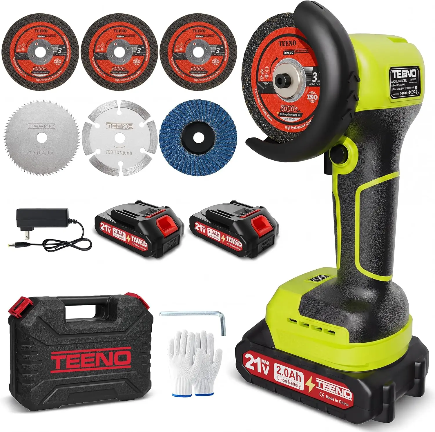 TEENO 21V Cordless Angle Grinder Kit, 19,500 RPM Mini Electric Angle Grinding Tool with 2 Pcs 2.0Ah Batteries & 6 Discs, 3-Inch Handheld Grinder for Metal/Wood, Fence Repair & Outdoor DIY, Green
