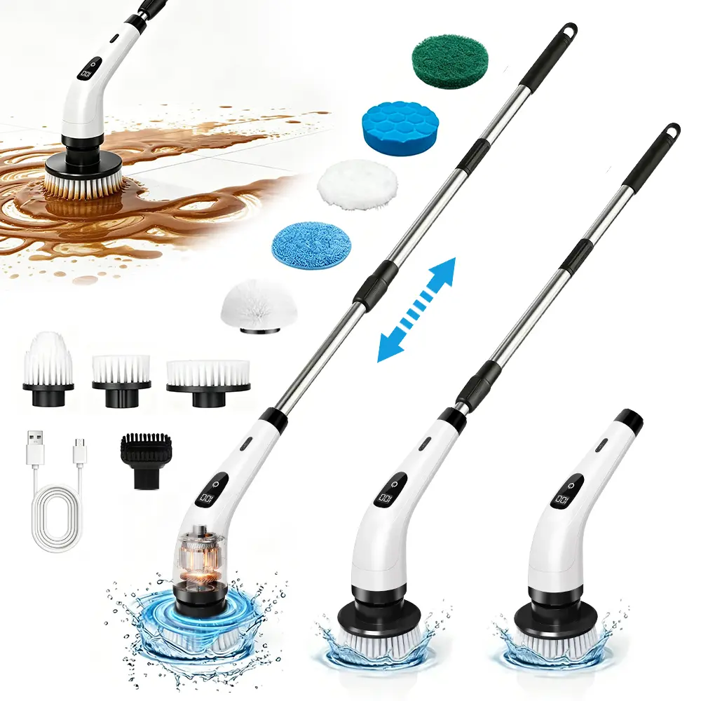 9-in-1 Electric Spin Scrubber with Multiple Brush Heads, 12-54 Extendable Handle, Dual-Speed Power Scrubber, LED Battery Display, IPX7 Waterproof Cleaner for Bathroom, Shower, Tile, Kitchen & Car, Summervibes