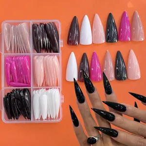 144Pcs Super Long Ballet Stiletto, Six Different Combinations of Burgundy, Black Color, Nude Long Almond False Nail Tips,  Full Coverage Artificial Nails, Nail Extension for Women, Nail Lovers, Party Attendees, Nail Art Supplies, Nail Art Kits