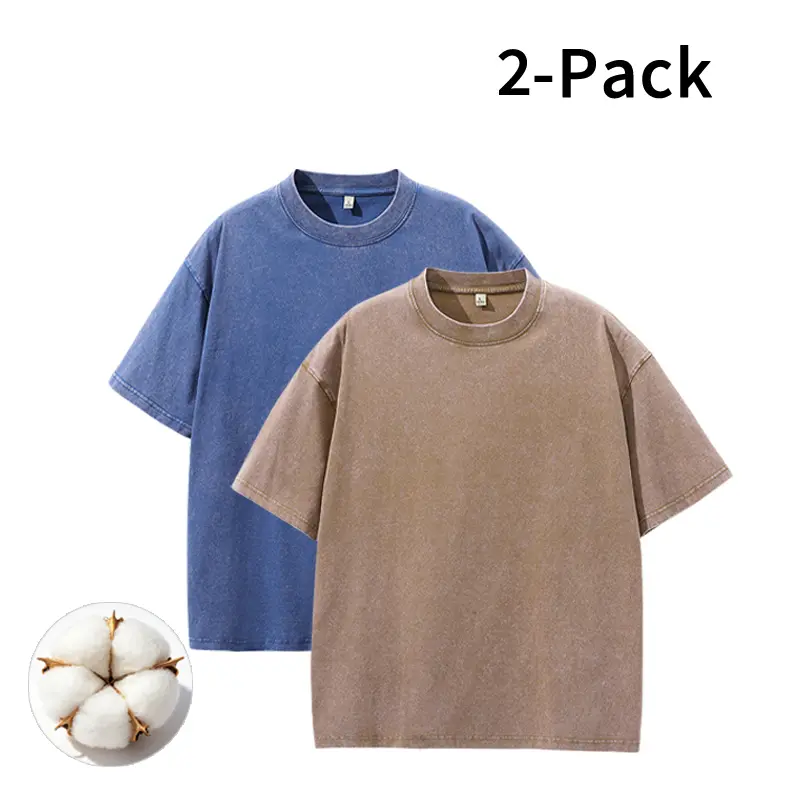 Men's 2-Pack Vintage Washed Cotton Crew Neck Short Sleeve T-Shirts, Loose-Fit Casual Streetwear Tops, Casual Fit Menswear Clothing