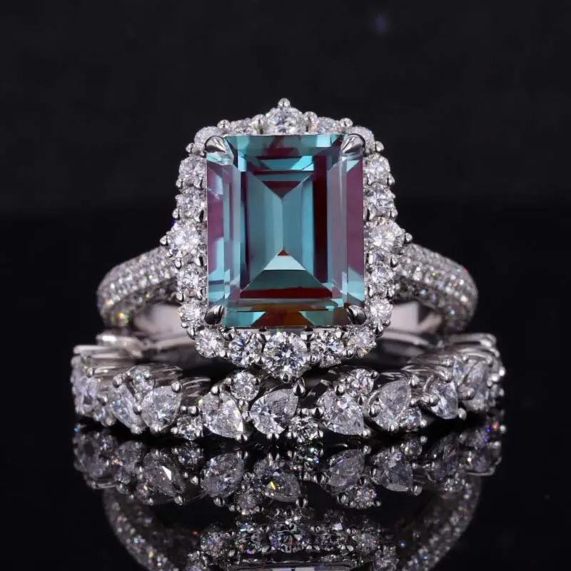 3Ct Alexandrite Engagement Ring Halo Emerald Cut Alexandrite Engagement Ring, Alexandrite Engagement Ring with Eternity Band