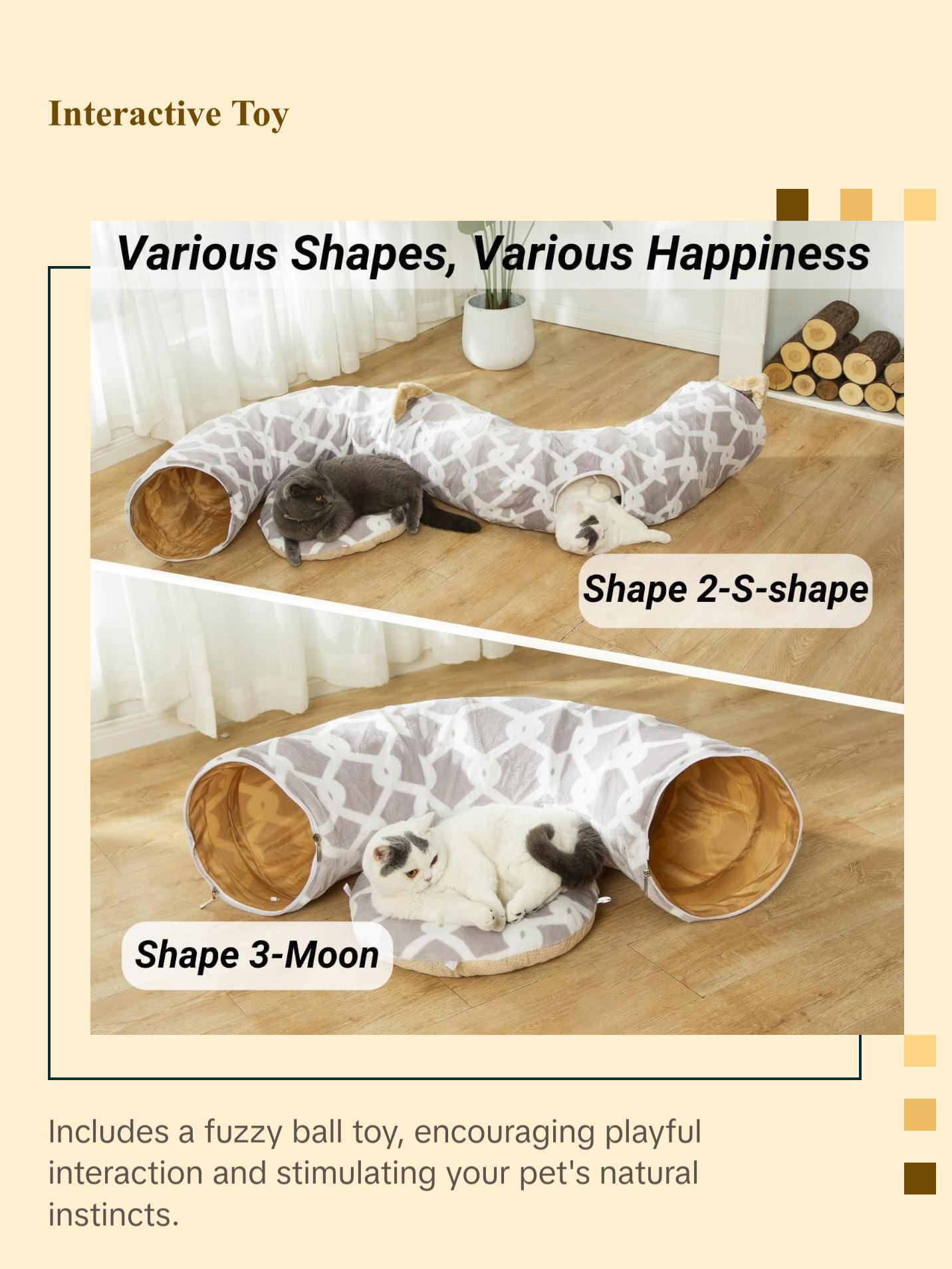Large Cat Tunnel Bed with Plush Cover,Fluffy Toy Balls, Small Cushion and Flexible Design- 10 Inch Diameter, 3 Ft Length- Great for Cats, and Small Dogs, Gray Geometric Figure