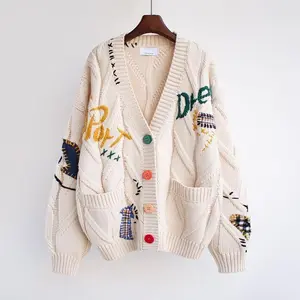 2025 Fashion lazy style embroidered sweater women autumn and winter 2025 new letter design loose knitted sweater coat trend  Womenswear