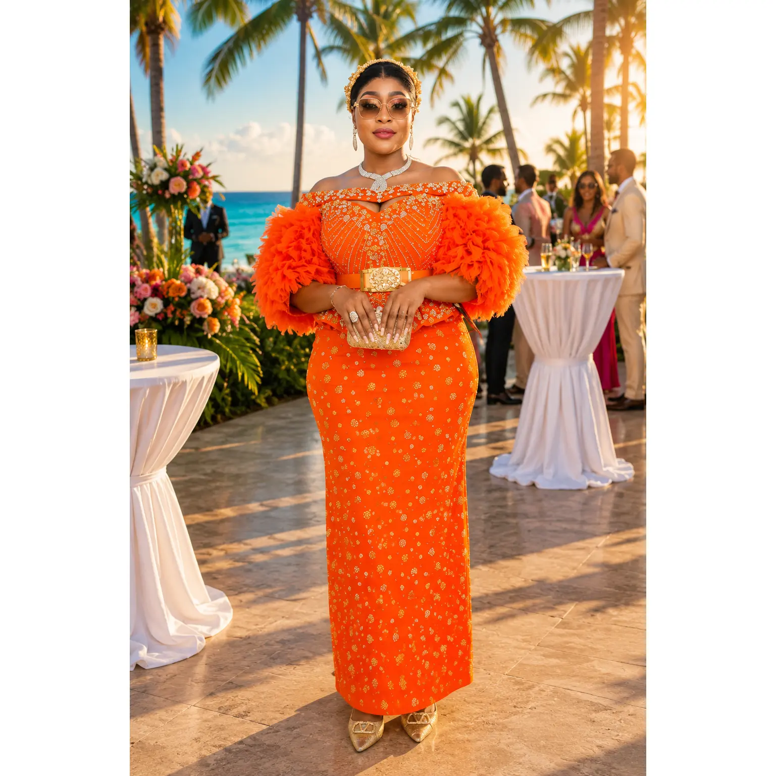 Orange Embellished Ruffled Off-The-Shoulder Peplum 2-Piece Skirt Set Mother of The Bride Engagement Ceremony Birthday Celebrant Cocktail Reception Summer Wedding Guest Party Outfit