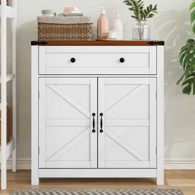 Farmhouse Style Casual Home Kitchen Storage Cabinet - Particle Board with Reinforced Frame, Drawer, Adjustable Shelf, White Walnut Countertop Coffee Bar Console, 30l x 12d x 32.5h in, 25kg+ Capacity, Assembly Required, Home Decor Living Room Furniture