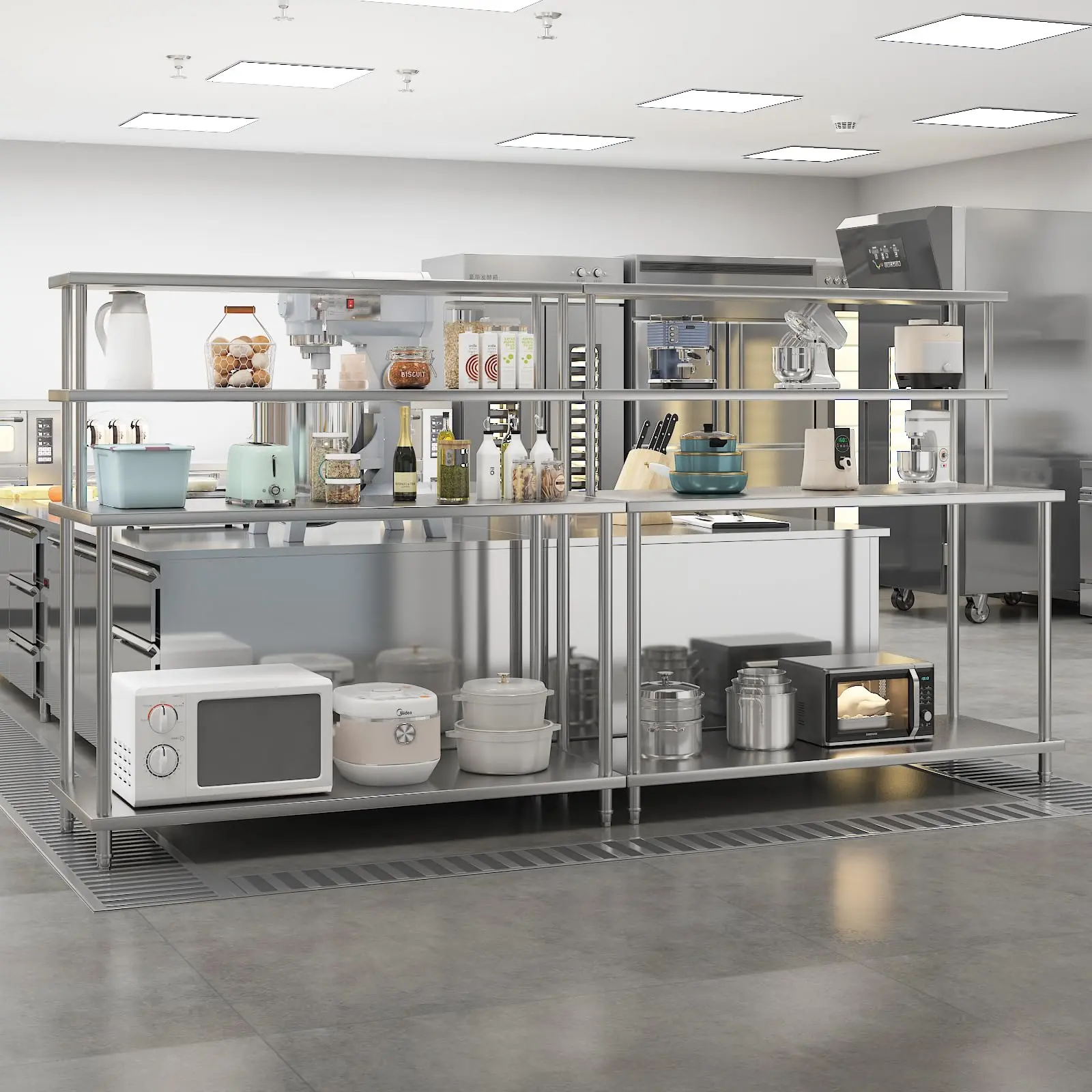 Garvee Stainless Steel Commercial Prep Table, 60x24 Inch Heavy-Duty Model with Overshelves, Adjustable Shelf, Brushed Finish, Detachable Hooks, Assembly Required for Restaurant, School, Home Use