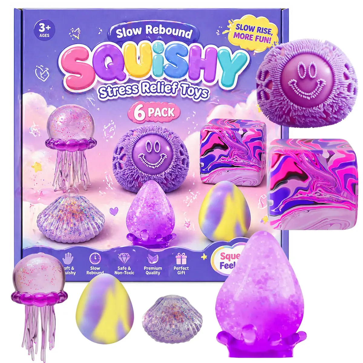 6-Piece Malt Sugar Stress Relief Fidget Toy Set with Box, Sensory Friendly Squishy Kit, Slow Rising Squishies, Stressball Relief Pack, Popular Squishies, 6 Different Styles Party Gift, Squishies Slow Rising