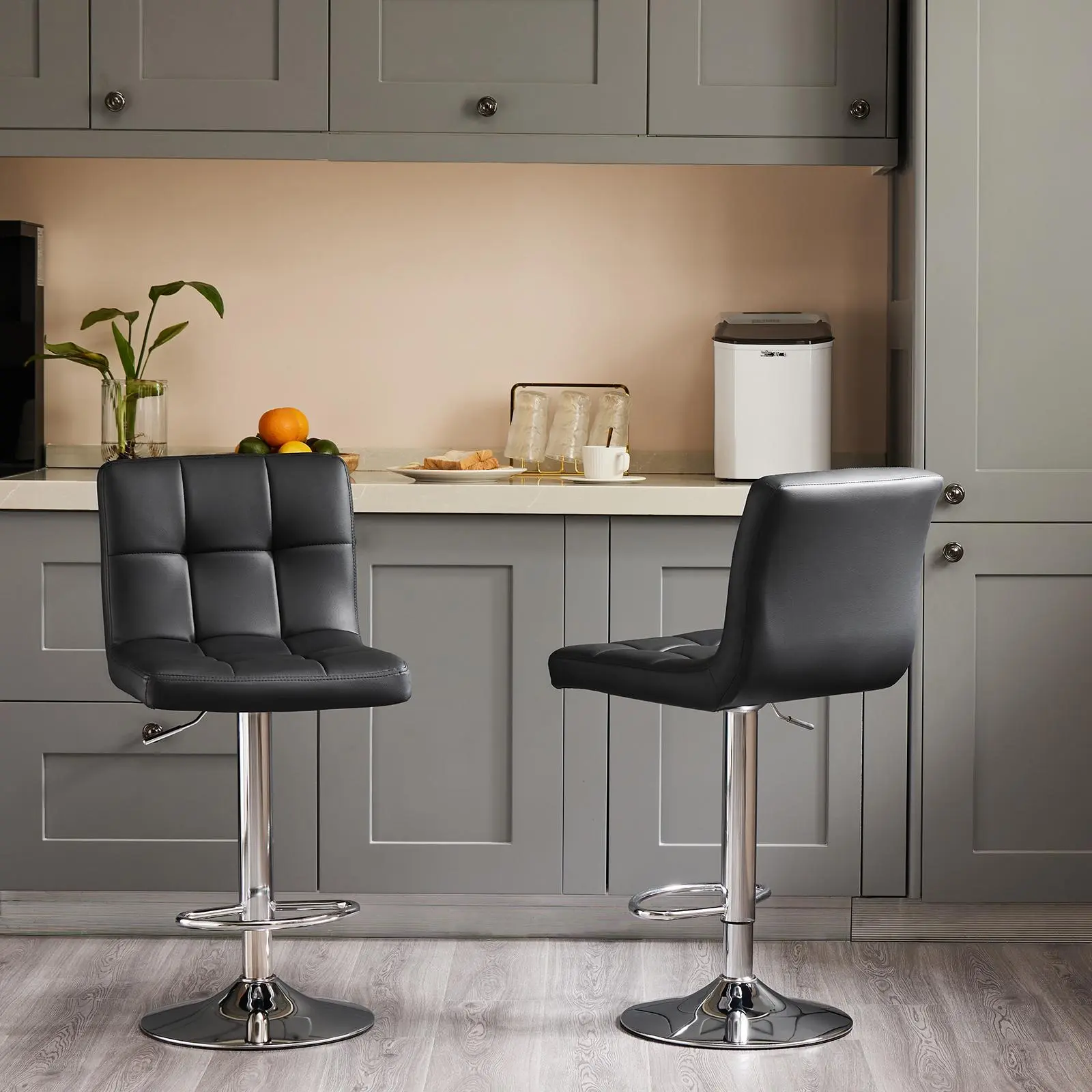 Modern Black PU Leather 2-Piece Barstool Set, Ergonomic 360-Swivel Armless Chairs with Hydraulic Bar-Height Adjust, Rolling 360-Swivel Home Bar Furniture for Kitchen Indoor Use
