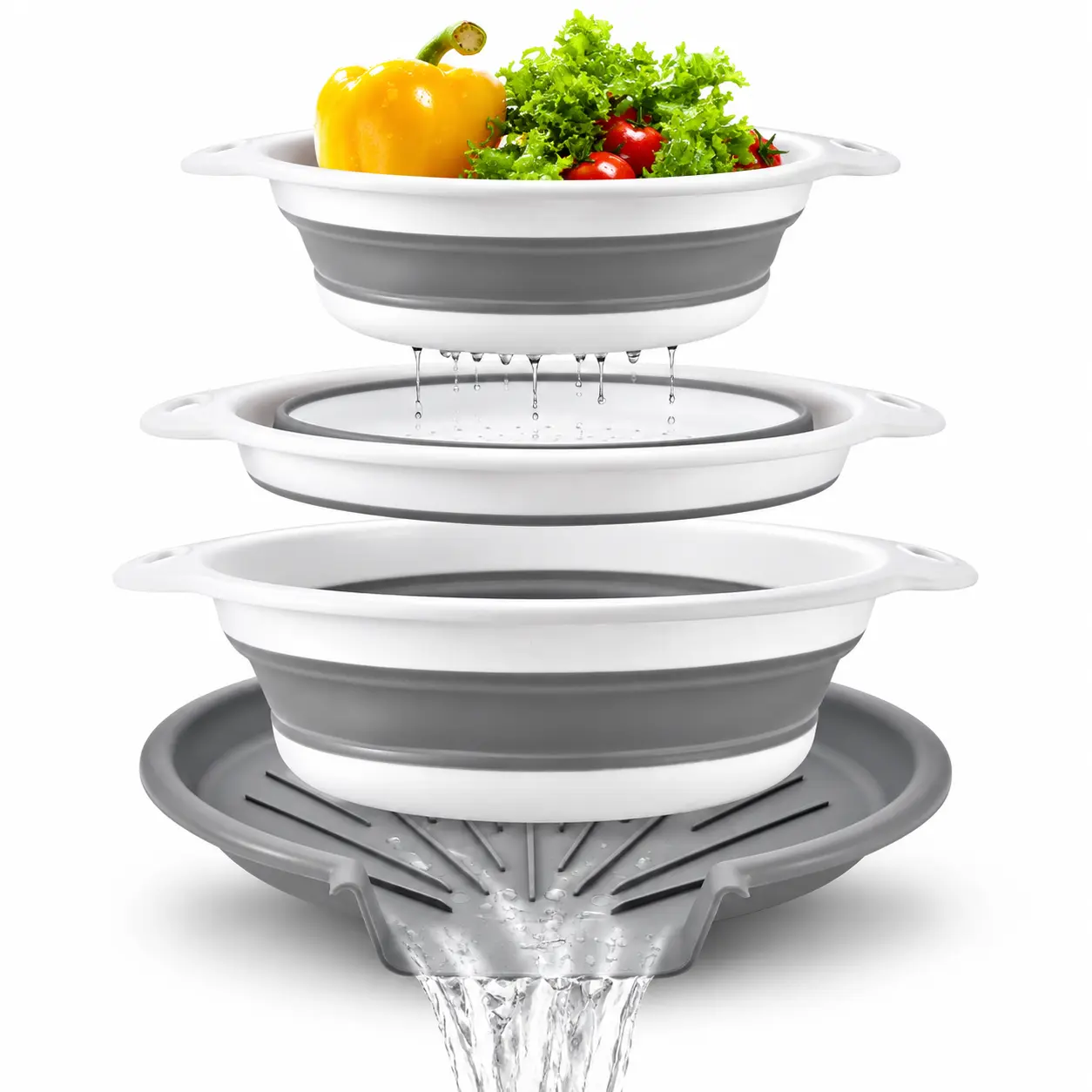 Collapsible Kitchen Colanders, Space-Saving Folding Strainer Set in 8, 9.5 & 11.5 Inch Sizes for Draining Pasta, Rice, Fruits and Vegetables, Gray & White