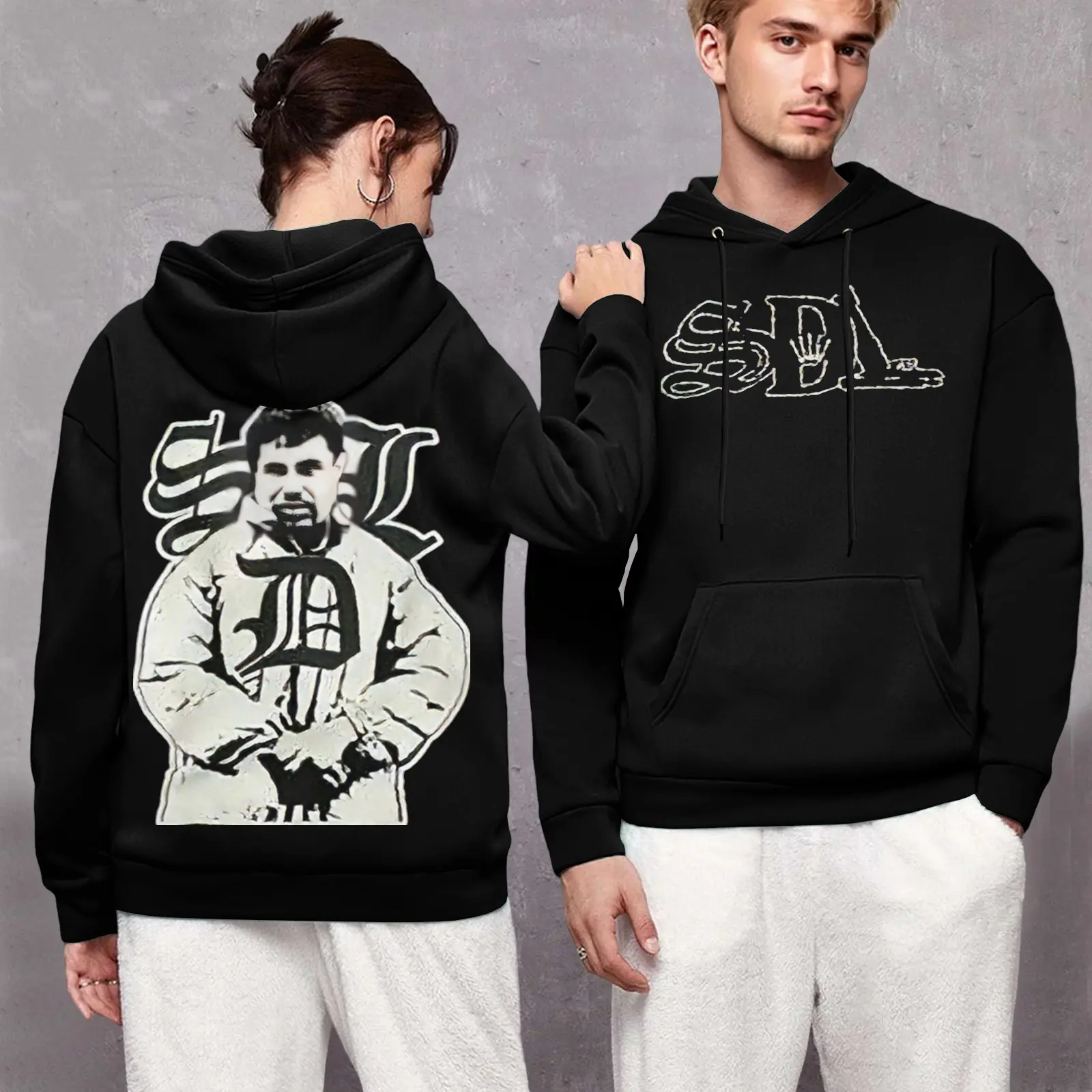 Vintage Street Portrait Graphic Hoodie – Unisex Black Pullover Sweatshirt