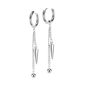 Dangling Chain with Ball and Cone Spikes Hinged Hoop Earrings - 316L Stainless Steel fashionable dangle