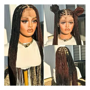 Knotless Braided Wig Full Lace 32 inch Black/Brown Glueless Handmade Synthetic Fiber with Adjustable Elastic Band and Straps