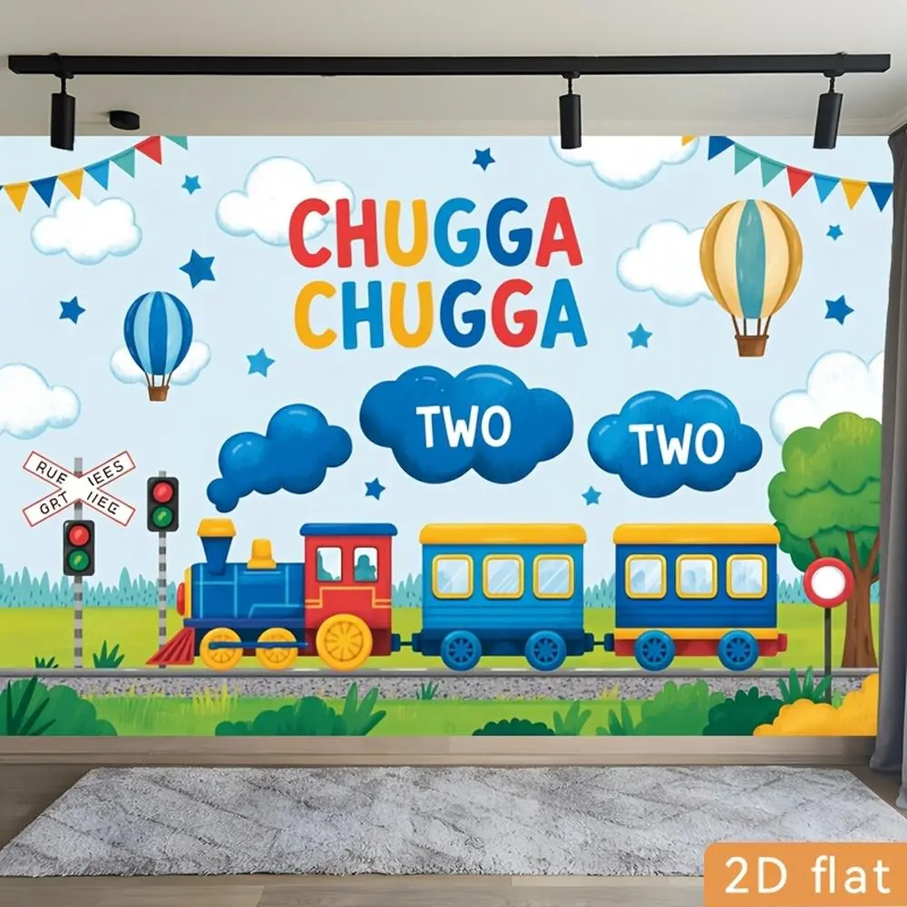 2D Flat Banner Polyester Photography Backdrop, Cartoon Train Chugga Chugga Two Two Theme, HD Digitally Printed Soft Lightweight Foldable Background Cloth for 2nd Birthday Party Decorations, Photo Booth, and Studio Photography