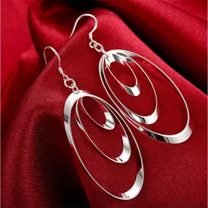 Womens 925 Sterling Silver 3 Hoop Long Drop Dangle Charm Earrings #E55