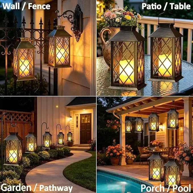Black Solar Flameless Candle Lantern - 1-Piece IP65 Waterproof Metal Hanging Lantern with Auto On-Off Flickering LED Light for Outdoor Patio, Garden Home Improvement Decor