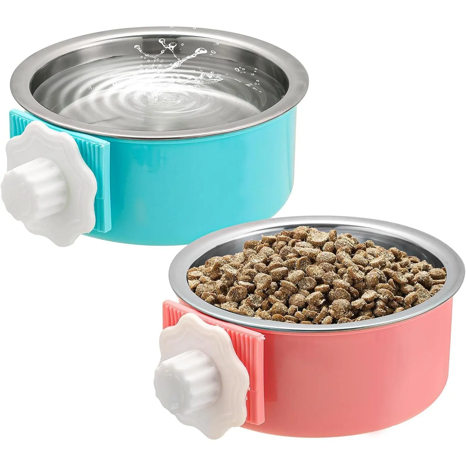 Stainless Steel Hanging Animal Feeder & Water Bowl Set - 2 Removable 4.92in Diameter Cups, Fast Cage Install, Secure Mount, Food+Water Split, Easy to Clean for Puppies,Rabbits (Blue,Red)