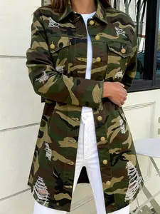 Women's Fall Fashion Open Front Long Sleeve Cardigan, Lapel Button Streetwear Camo Print Camouflage Fringe Hem Casual Style Outerwear, Versatile Casual Jacket