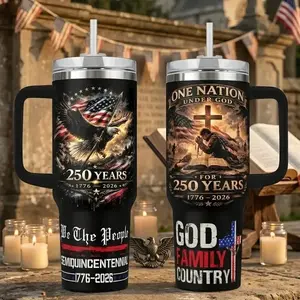 USA 250th Anniversary 40oz Tumbler with Handle, Patriotic Eagle American Flag Insulated Stainless Steel Travel Mug, God Family Country Gift for Patriots