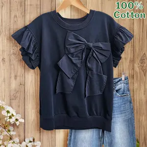 SageVell 100% Cotton Black Bow Blouse with Ruffled Sleeves & Oversized Bow Soft Drape, Feminine & Perfect for Summer/Spring Outfits for Office School Home