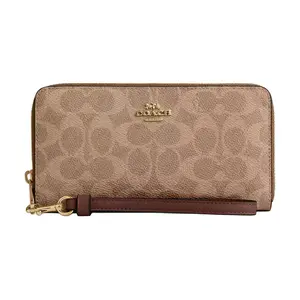 COACH Coach 19 Metal Logo Zip Wallet for Women in Tan and Brown Coated Canvas