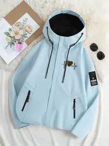Women's Waterproof Windproof Hooded Long Sleeve Rain Jacket - Leopard Print Heartbeat Graphic, Black & Light Blue Two Colors, Lightweight Breathable Outerwear Coat with Zipper Pockets, Loose Fit Fashion Casual Style for Hiking, Travel & Daily Commute