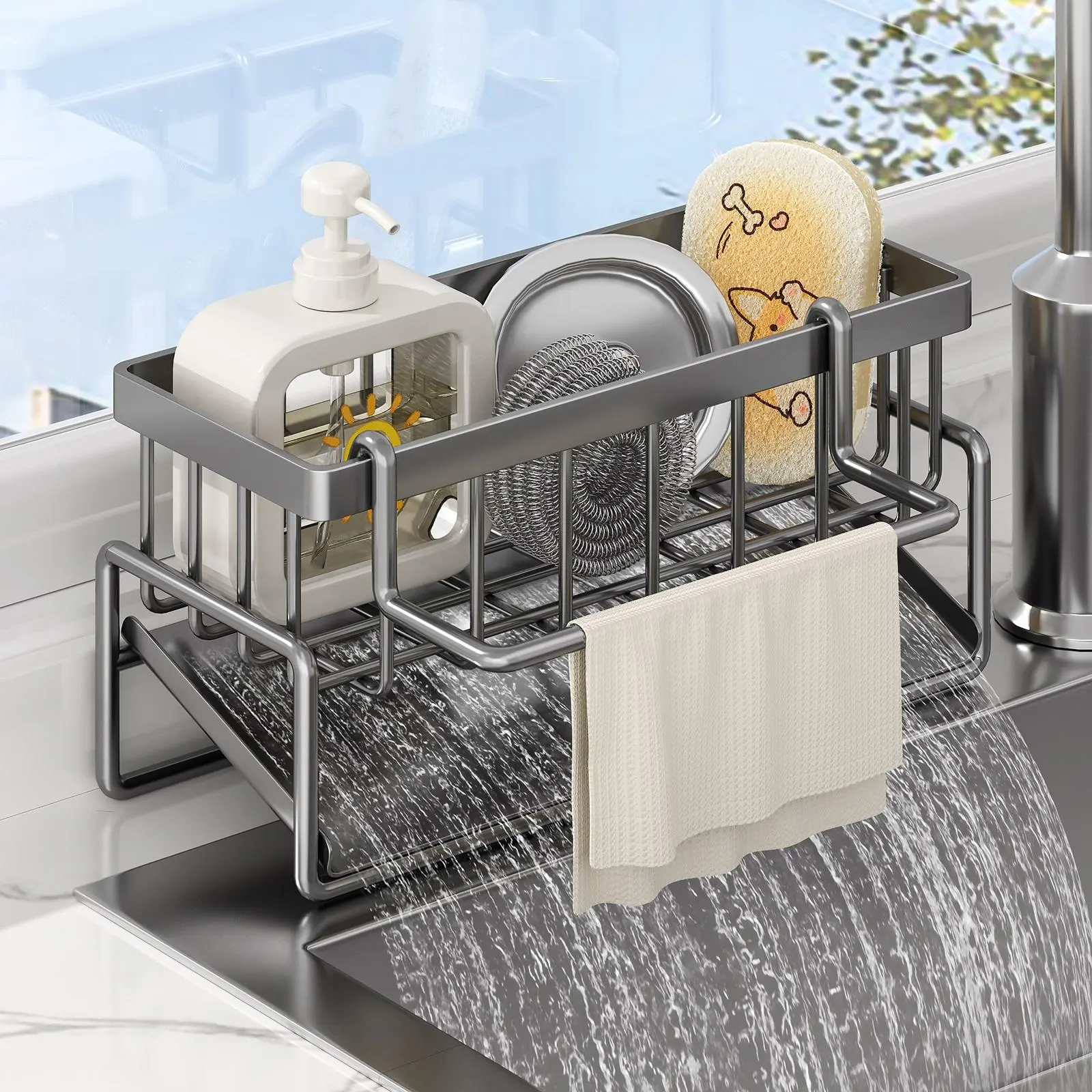 Sponge Holder for Kitchen Sink, Rustproof 304 Stainless Steel Sink Caddy with Detachable Dishcloth Rack, Dish Soap Dispenser, Brush & Sponge Organizer for Kitchen or Bathroom