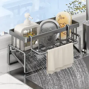 Sponge Holder for Kitchen Sink, Rustproof 304 Stainless Steel Sink Caddy with Detachable Dishcloth Rack, Dish Soap Dispenser, Brush & Sponge Organizer for Kitchen or Bathroom