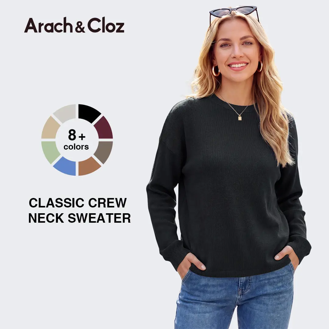 Arach&Cloz Women's Relaxed Fit Crew Neck Spring Sweater Tops 2026 Arach&Cloz Women's Relaxed Fit Crew Neck Spring Sweater Tops 2026