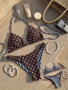 New Split Bikini, American Retro Wave Dot Stripe Patchwork Bikini, Dual Wear Design, Classic Triangle Cup, High Cut Bottom, Beach & Poolwear, Modest Bikini, Bikini Swimwear Set