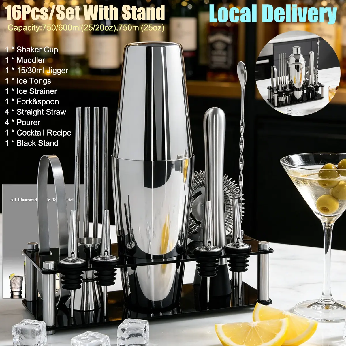 14-Piece 750/600ml Cocktail Shaker Set Bartender Kit with Stand Cocktail Recipes, 25oz ,25/20oz Shakers Bar Tool Sets for Bartending Kit