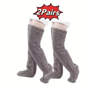 2-Pair Pack Women's Extra-Knee-High Plush Leg Warmth Thermal Floor Socks - Ultra-Soft Thermal Insulation, Multi-Color Options (Pink, Blue, Black, Grey, White, Brown, Navy, Red, Beige) - Machine Washable & Dry Cleanable - Cozy Winter House Shoes