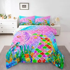 Mermaid Comforter Set Ocean Fish Scales Bedding Set for Kids Boys Girls Rainbow Duvet Quilt Nautical Sea Animal Bedroom Decor Underwater Theme Microfiber