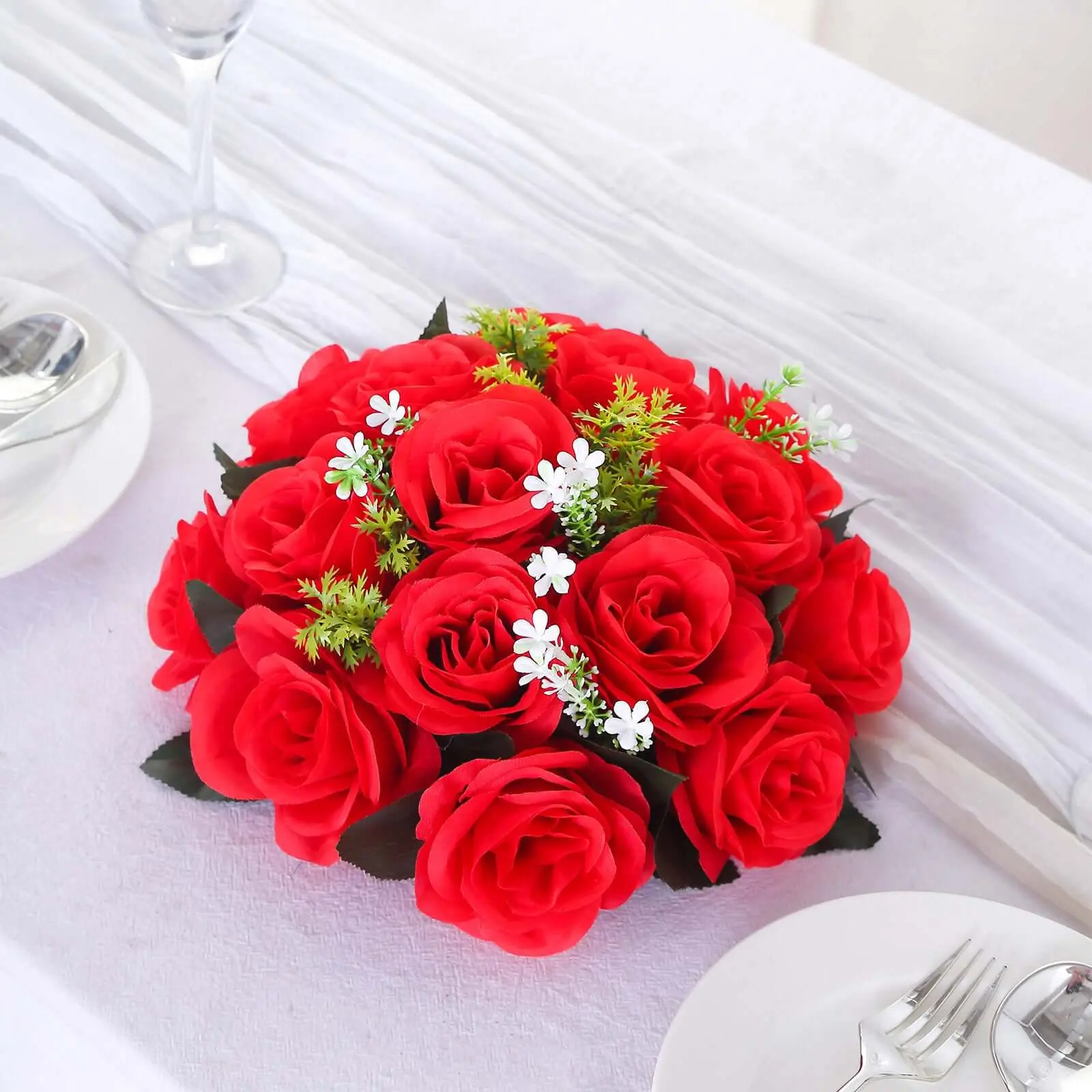 2-Pack 10 in Red 15-Head Silk Rose Kissing Ball 3D Bouquet Artificial Flowers, Decorative Floral Decor for Home Centerpieces, Two Packs