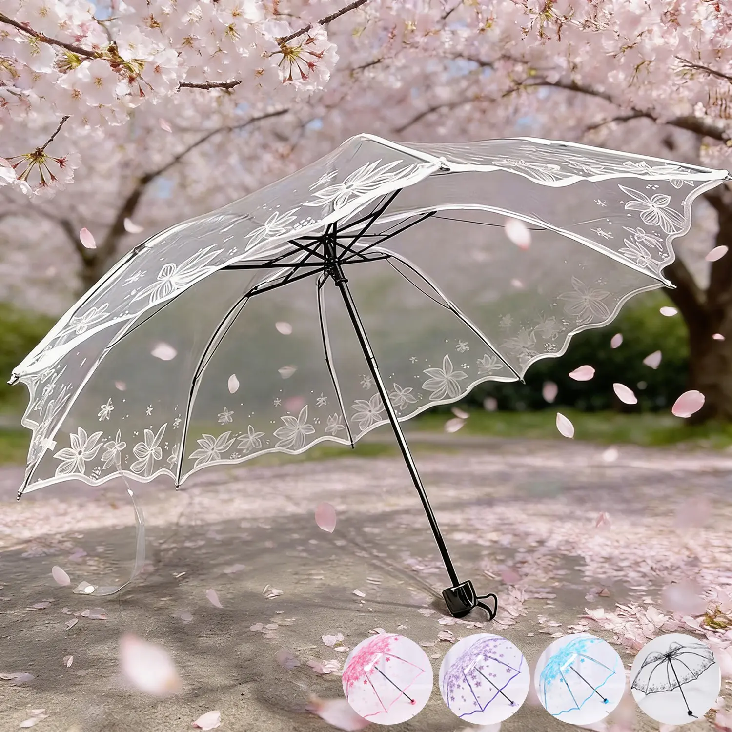 Fold Women's Transparent Cherry Blossom Umbrella, Cute Transparent Umbrella, Portable Wedding Party Umbrella, Folding Umbrella, Ideal for Weddings and Daily Wear, Outdoor umbrella, Clear Umbrella