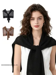Solid Hollow Out Knitted Shawl, Minimalist Vintage Style 100% Viscose Breathable Neck Tie Shoulder Wrap, Lightweight Sun Protection Cape For Daily Office All Season Chic Fashion Accessory