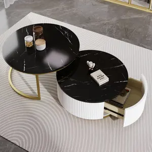 27.6" Nesting Coffee Table Set of 2, Modern Round Coffee Table for Living Room with Storage Drawer Marble Tabletop End Side Table for Bedroom, Black + Gold