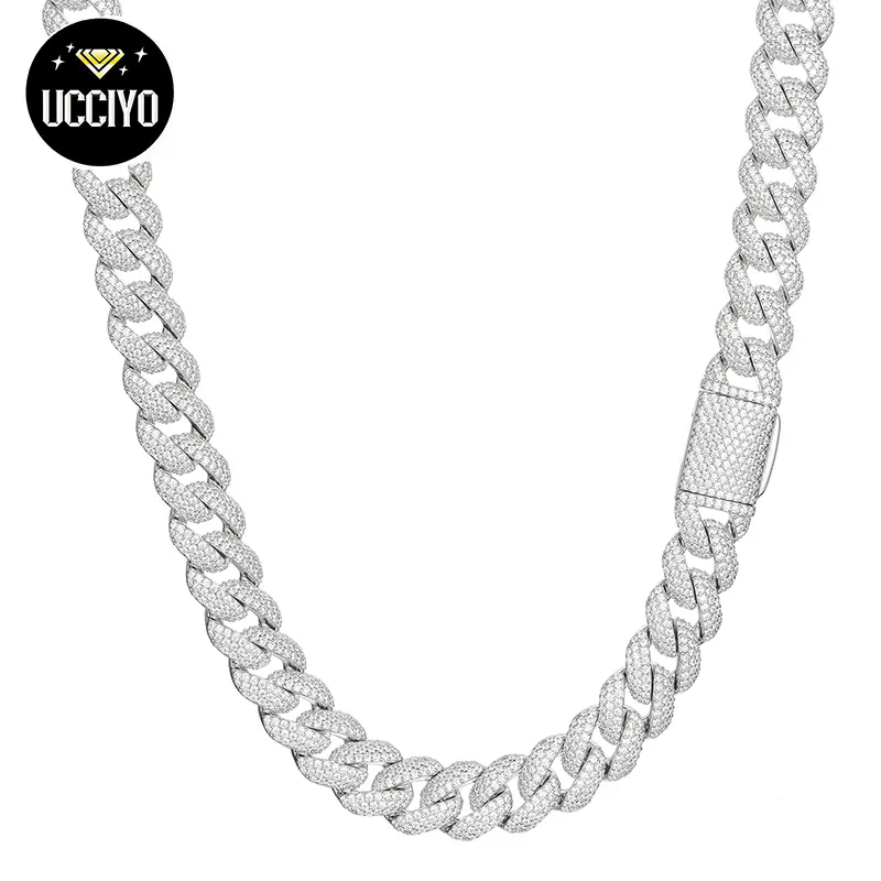 10mm S925 Silver Cuban Chain Synthetic Moissanite Necklace Bubble Cuban for Men Unisex Shiny Hip Hop Jewelry【#N21】