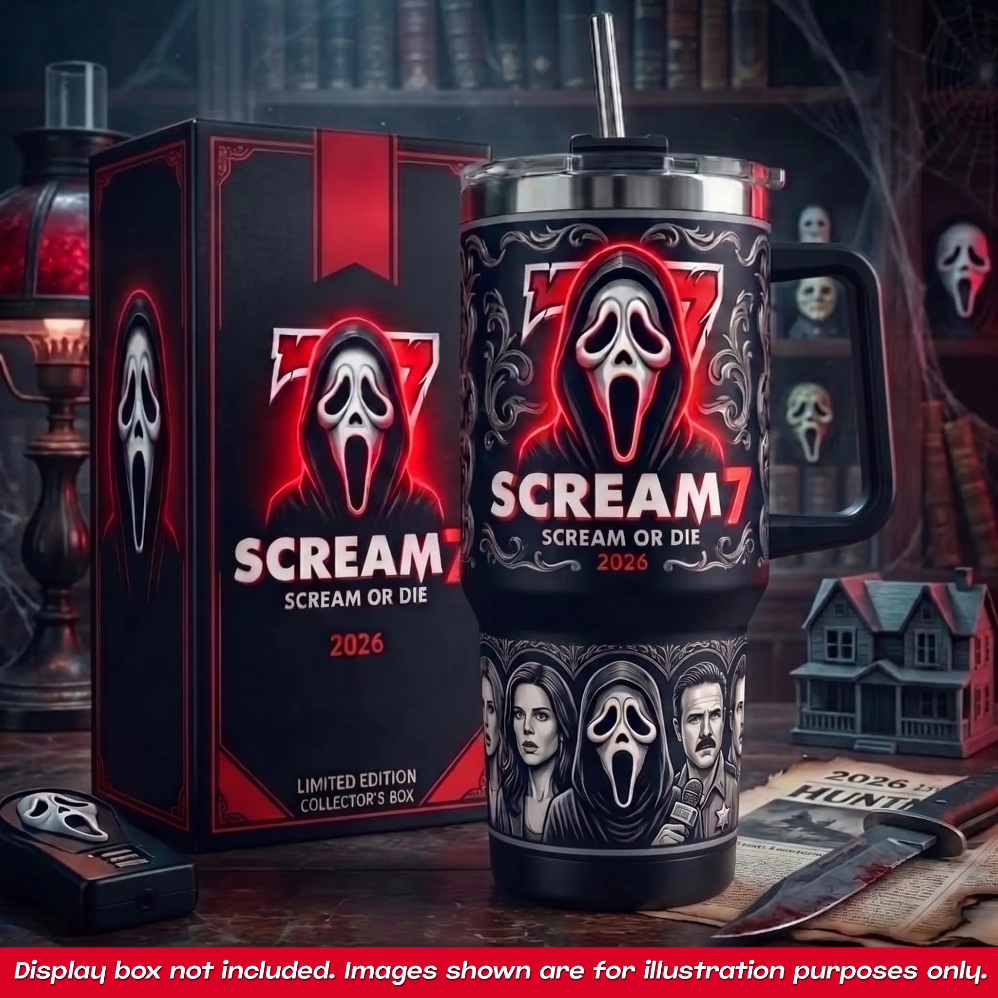 Scream 7 40oz Tumbler With Handle No Box, Scream Or Die 2026 Ghostface Travel Mug, GF Horror Movie Stainless Steel Insulated Cup, Sidney Prescott Gale Dewey Woodsboro Slasher Drinkware, Halloween Coffee Water Cup, Limited Edition Spooky Fan Gifts