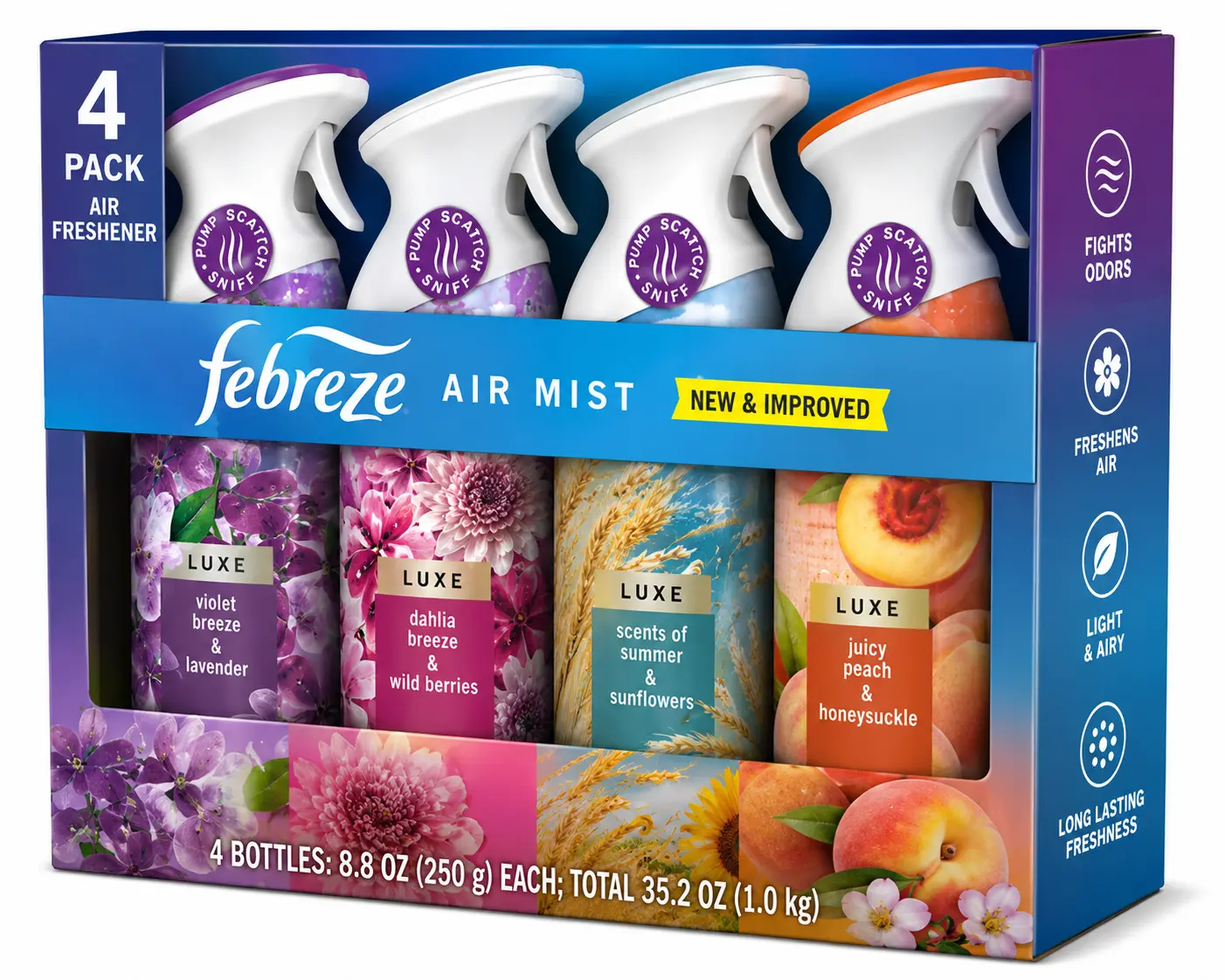 Febreze AIR Mist Luxe Variety Pack, 4 Pack (4 x 8.8 oz Aerosol Cans) – Violet Breeze & Lavender, Dahlia Breeze & Wild Berries, Scents of Summer & Sunflowers, Juicy Peach & Honeysuckle